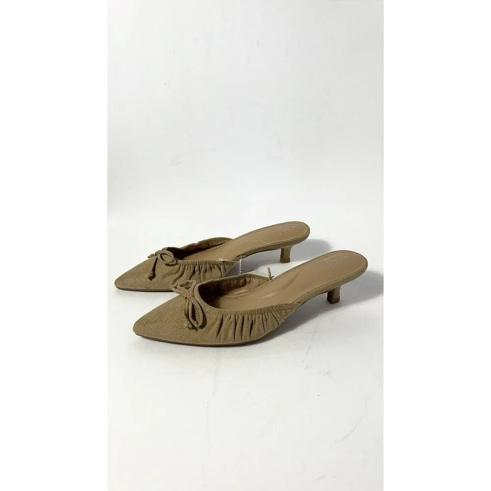 Time and Tru Pointed Toe Kitten Heel Mules with Bow Tan Size 7